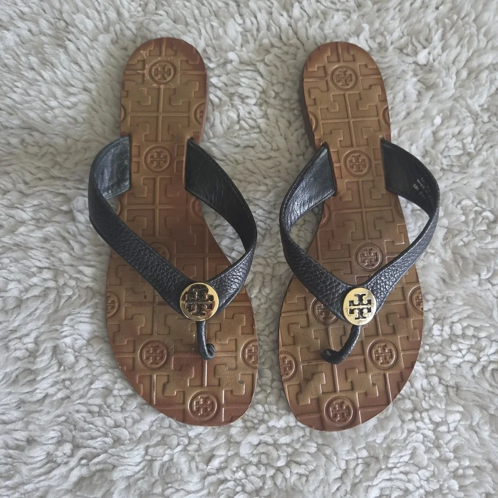 Tory Burch Thora Leather Flip Flops Flat Sandals Women's 8M Black Brown Gold